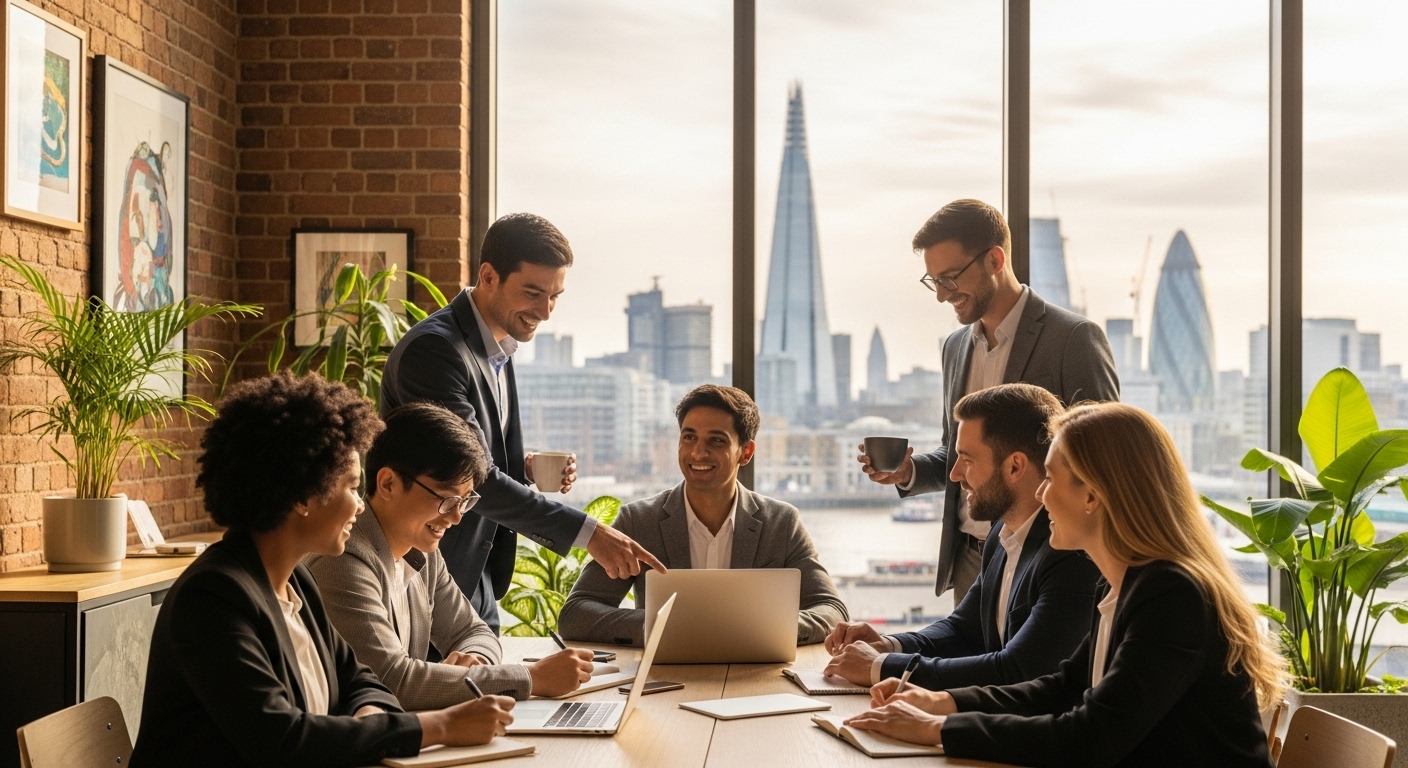 A diverse group of entrepreneurs, smiling and collaborating in a modern, light-filled co-working space in London, with iconic UK landmarks subtly visible in the background through a window. The scene is vibrant and optimistic, conveying a sense of innovation and community.