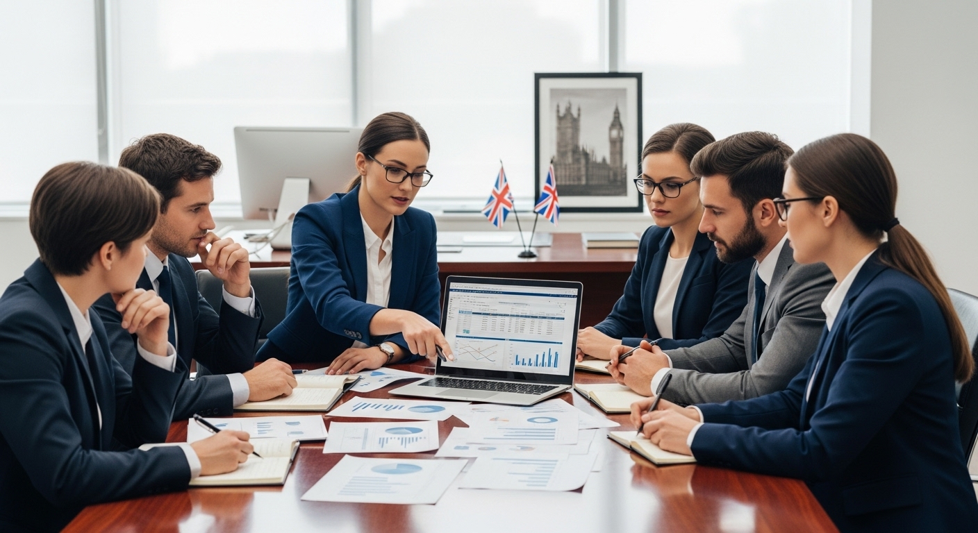 A professional, diverse business team sitting around a table, reviewing financial documents and a laptop showing a spreadsheet. They appear focused and engaged in understanding complex regulations, with subtle UK flags or symbols in the background. The lighting is bright and professional.