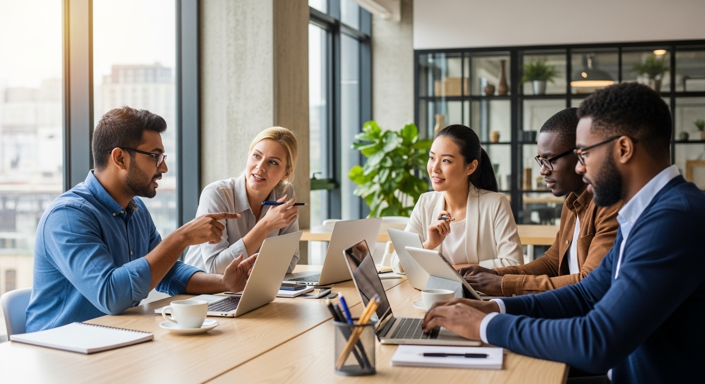 A diverse group of expat professionals from different cultural backgrounds are gathered around a table in a modern, light-filled co-working space, actively discussing business ideas and plans with laptops open. The atmosphere is collaborative and energetic.