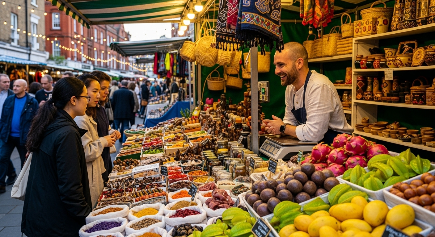A vibrant market stall showcasing a variety of exotic, colourful foods and handcrafted goods, with an expat vendor smiling and interacting with customers in a bustling street market in a British city. The atmosphere is lively and inviting.